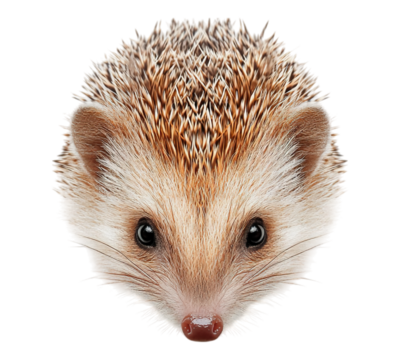 A brown and white hedgehog with a black nose and big eyes