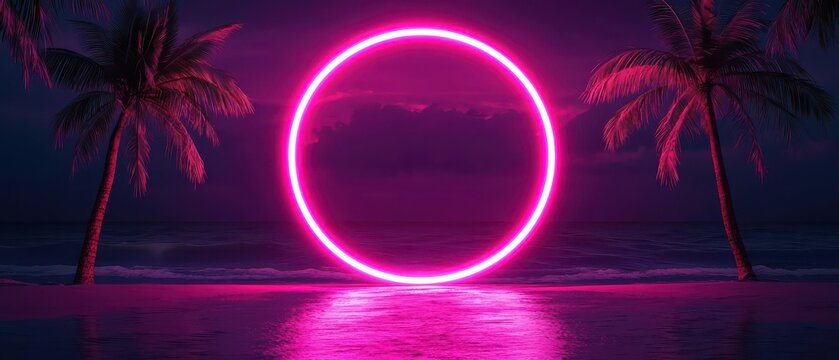 A glowing neon pink circle floats above a reflective water surface, framed by two palm trees under a dark, moody sky.