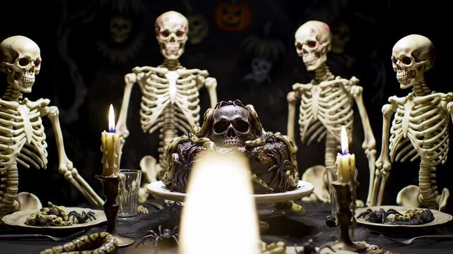 Spooky skeletons and snake adorned skull cake creating eerie halloween atmosphere with candles and spiders for festive decoration, concept of creepy celebration and gothic decor