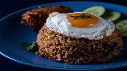 Traditional Indonesian nasi goreng with egg and cucumber slices