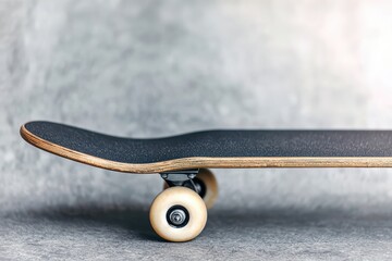 Close-up image of a skateboard showing the deck, trucks, and wheels against a blurred gray background.