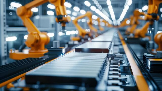 Automated assembly line with robot arms, production of lithium batteries in a car factory, theme of ev, electric vehicle, industry