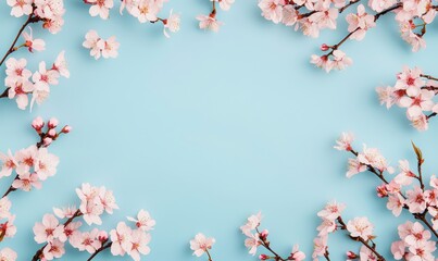 Delicate pink cherry blossoms frame a soft blue background, creating a serene and elegant springtime scene.