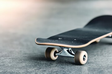 A close-up of a skateboard on a smooth concrete surface with sunlight softly illuminating the scene.