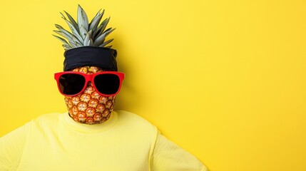 A person wears a pineapple mask with sunglasses and a yellow shirt, standing against a bright yellow background.