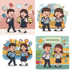 Cute School Kids Walking with Backpacks Vector Set – Back to School Cartoon Illustration