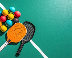 Two paddles and colorful balls arranged on a green pickleball court near a white boundary line.