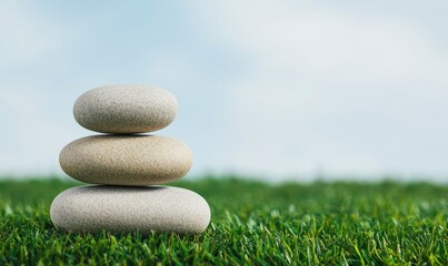 Three smooth, stacked stones on green grass with a soft blue sky background, symbolizing balance and tranquility.