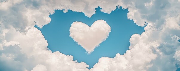 A heart-shaped cloud is surrounded by fluffy white clouds against a bright blue sky.