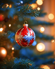 Red and silver Christmas tree ball hanging on a branch of a decorated fir tree. Close-up, decoration, festive fir branch, winter, new year