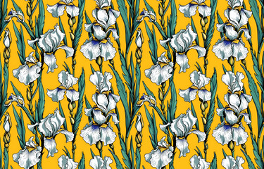 Bright seamless pattern with blooming irises on bright yellow background for textile, fabric prints, web design and digital projects
