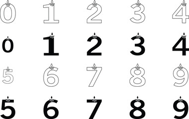 Birthday Candle Numbers Icons – 0 to 9 Vector Outline and Solid 4px Stroke