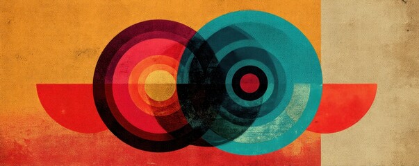 Obraz premium Abstract overlapping circles painting with vibrant orange, blue, and red colors