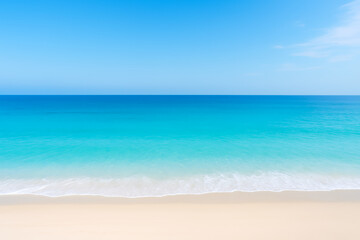 Obraz premium Minimalist Aerial View of Turquoise Tropical Sea Meeting Pristine White Sand under Clear Blue Sky 