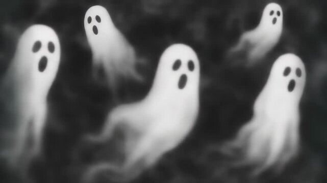 Animated spooky ghost figures floating in a dark, eerie atmosphere capturing the essence of halloween horror. concept of haunting spirits, ghostly animation, scary halloween theme.