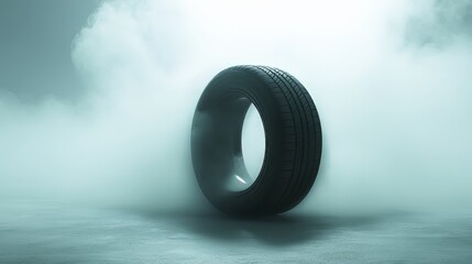 Abstract tire standing vertically in a smoky, atmospheric setting. Emphasizes modern design and technology in a creative way.