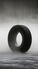 Black rubber tire stands upright in a smoky, ethereal setting. A dark tire emerges from diffuse light and vapor.