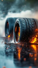 Burning tires speed across wet asphalt, generating intense power and sparks. Flames erupt from the wheels, highlighting dynamic motion.
