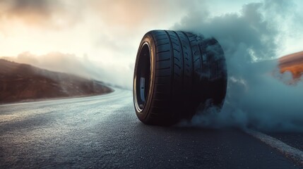 A burning rubber tire on empty road generates thick smoke. This tire drift shows speed and power.
