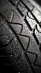 Close-up view of tire tread with glistening water drops. Shows texture and grip, symbolizing road safety.