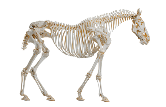 Complete horse skeleton side view transparent background