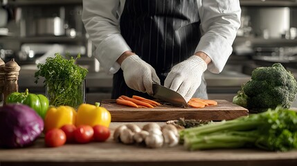 Professional chef wearing sanitary gloves carefully slicing fresh vegetables on a wooden cutting board in a spotless modern kitchen environment