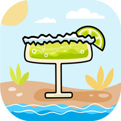 Lime margarita long drink on a tropical beach flat vector illustration