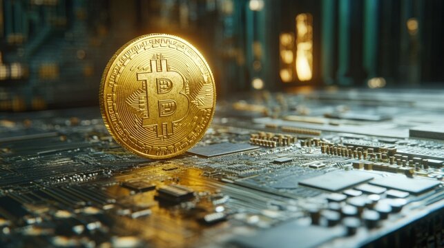 Golden Bitcoin stands prominently on a circuit board, symbolizing cryptocurrency and digital finance concepts for future investments.