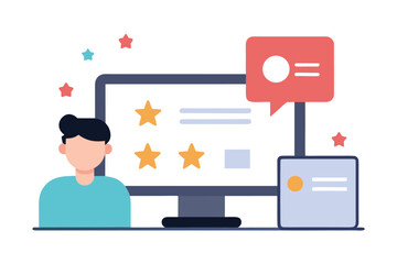 Person giving positive online feedback with stars and speech bubble computer screen
