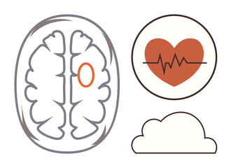 Brain scan with highlighted area, heart monitor with heartbeat line, and cloud symbol. Ideal for health, neurology, cardiology, diagnostics, emotions mindfulness research. Simple flat metaphor
