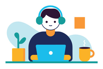 Person wearing headphones designing graphics on laptop with coffee and plant vector