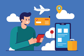 Person using mobile device for travel planning phone booking