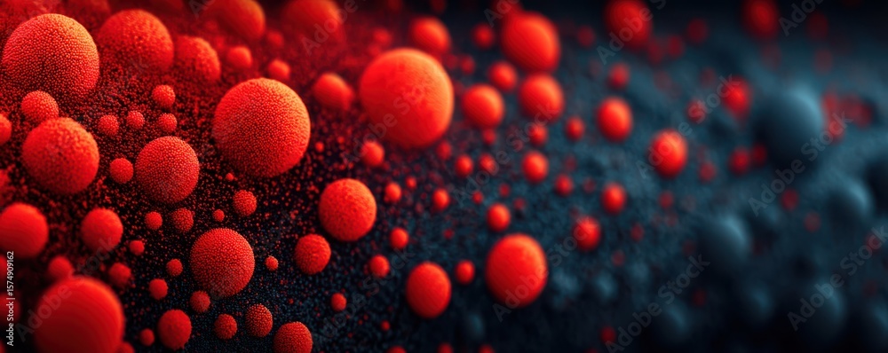 Poster abstract composition of red spheres against dark background with soft bokeh effect