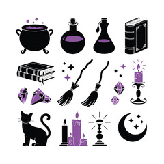 A mystical collection of witchy elements, including a cauldron, spell books, crystals, and a black cat