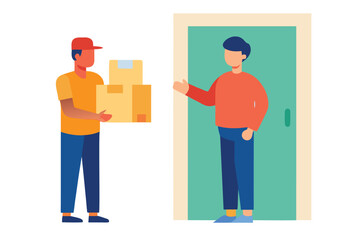 Delivery person handing packages to customer at door vector