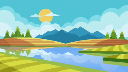 Fototapeta premium A vibrant summer mountain landscape under a blue sky, featuring green fields, hills, and a tranquil river