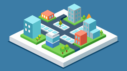 Isometric vector city map featuring urban design with residential homes, commercial buildings, and detailed street architecture