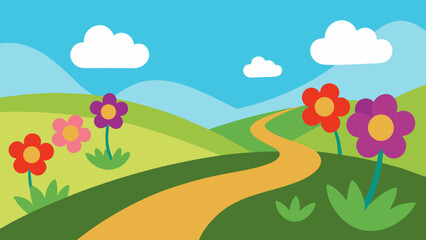 Obraz premium Spring and summer landscape with a field of colorful flowers under a vast sky, trees, and distant mountains