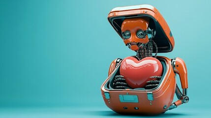 A futuristic robot with an open compartment revealing a heart, symbolizing love and technology
