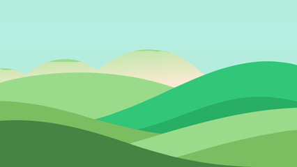Obraz premium Green rolling hills under a blue summer sky with distant mountains and a vibrant meadow, perfect for a nature illustration