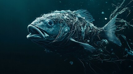 A striking underwater scene showcasing a fish entangled in plastic debris, highlighting the impact of pollution on marine life and the environment.