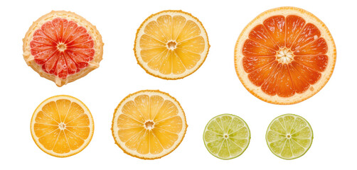 Obraz premium Citrus Slices Arrangement, Fresh Fruits, Studio, Photography, Bright, Top-Down View, Colorful Composition