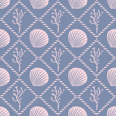 Seamless pattern with silhouettes of shells and corals, marine style. Symmetrical ornament with a background of diamonds, pink on a gray blue background.