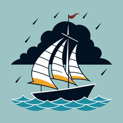 Sketched vintage sailing boat in storm