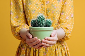 woman holding cactus in pot in hand on yellow background