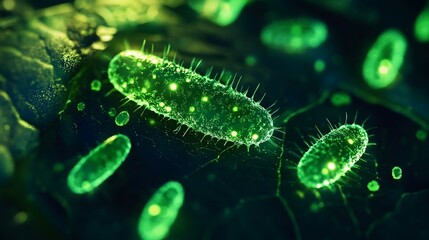 Fototapeta premium Close-up view of glowing green bacteria showcasing their intricate structure and vibrant colors. This image highlights the beauty and complexity of microscopic life forms.