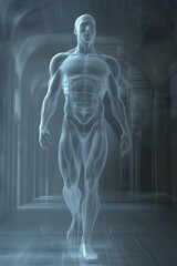 Translucent Male Anatomy Walking Through Hallway 3D render