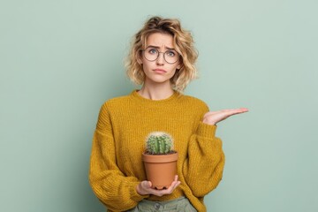 upset woman 30 years old holding cactus in pot in hand on light background