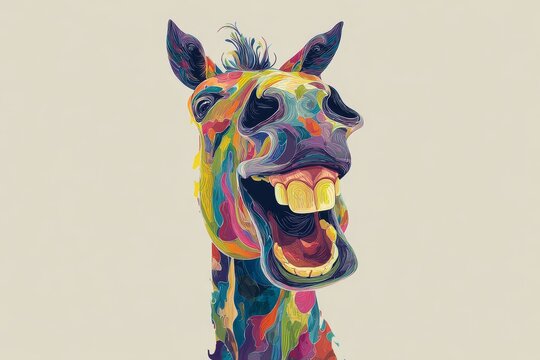 abstract art illustration of funny colorful neighing horse on light background