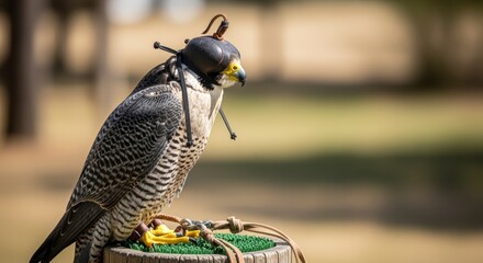 A falcon perched on a wooden stand with jesses, ready for falconry in a natural outdoor setting.